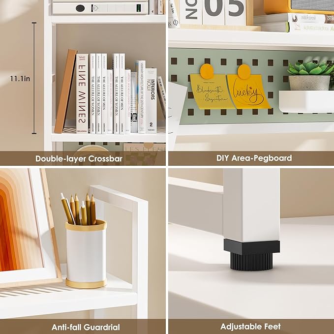 Desk Shelf, 35.43" Desk Hutch Bookshelf, Desktop Shelf with Pegboard for Computer Monitor, Metal Desktop Hutch Storage Organizer for Dorm Home Office, 2 Tier Bookcase, White