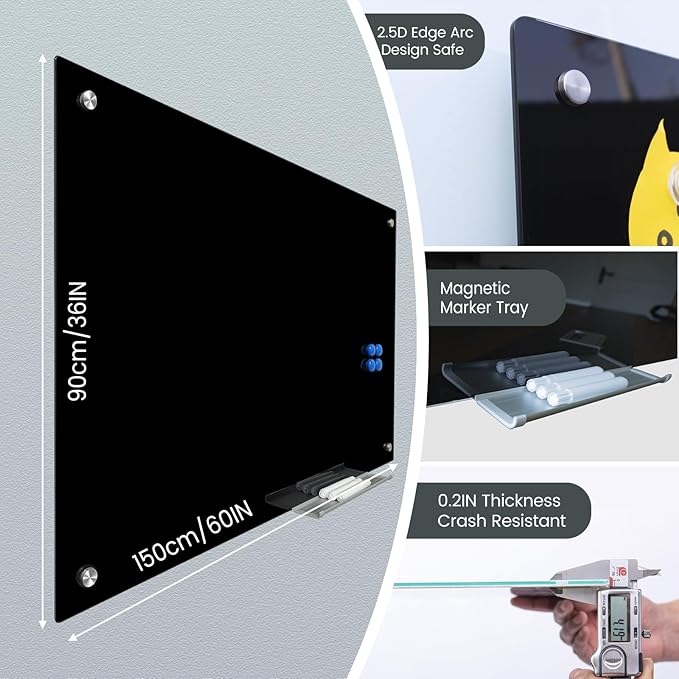 Magnetic Glass Dry Erase Board White Board Wall Mounted Whiteboard, Large Frameless Writing Board Black Glassboard, 60" W x 36" H