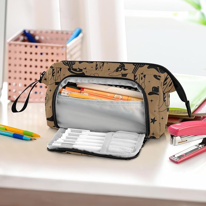 Western Cowboy Brown Pencil Case Pouch Big Capacity Pencil Bag Box Organizer Pen Case with Handle Stationery Organizer for Girls Boys Women School College Office