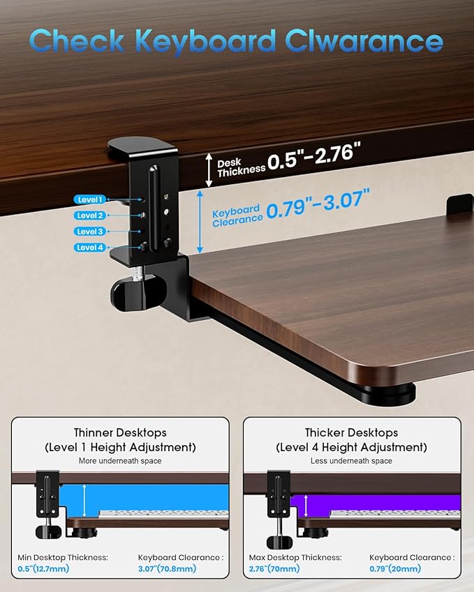 Large Keyboard Tray Under Desk, Pull Out Keyboard & Mouse Tray with Adjustable C-clamp, 25.6(31.5 Including Clamps) x 11.8 Inch Slide Out Computer Keyboard Drawer Mouse Tray for Typing, Walnut
