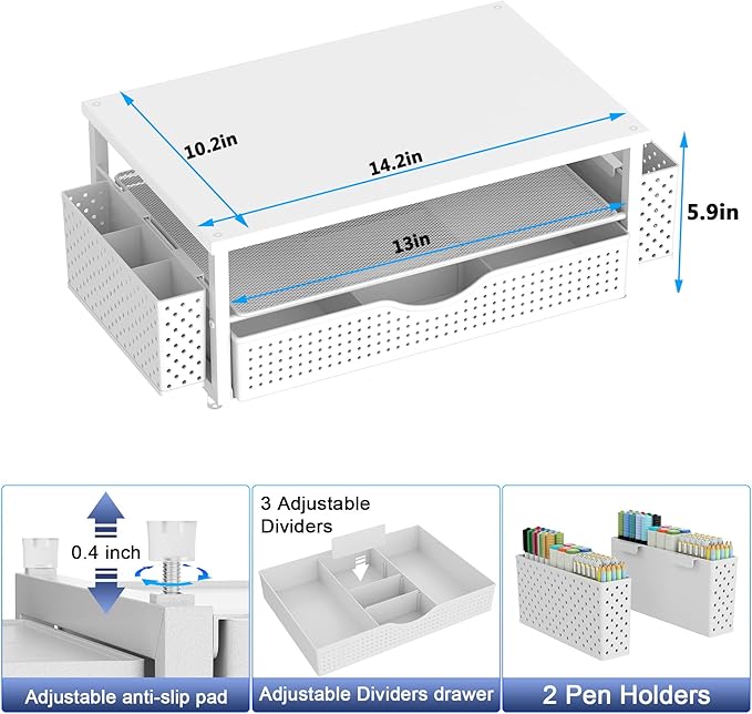 Spacrea Desk Organizer and Accessories, Computer Monitor Stand Riser with Drawer and 2 Pen Holders, Office Desk Accessories & Workspace Organizers for Office Supplies (White)