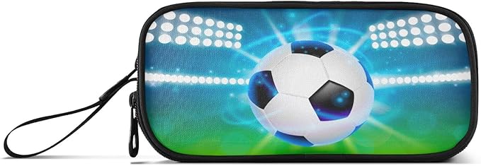 Soccer Ball on Field Pencil Case Box Boys Girls Large Pencil Pouch with Zipper Compartments Big Capacity Stationery Pen Bag Organizer for Kids Teens Adults School