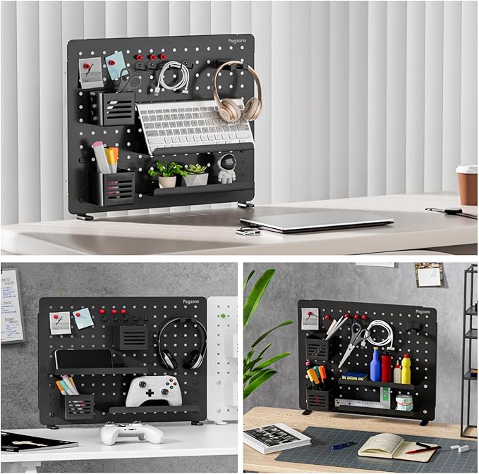 PEGZONE Clamp-on Desk Pegboard, Desk Organizer for Office Gaming Home, Magnetic Metal Peg Board with 15 Accessories, Privacy Panel for Office, 20.4" x 16.5", Large, Black