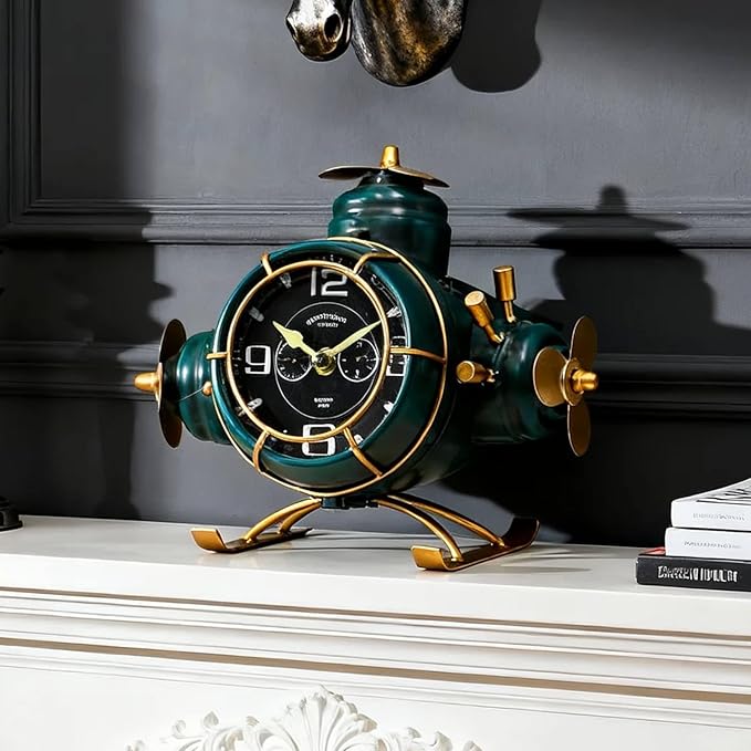 YOUKI Airplane Desk Clocks,Tabletop Decor,Airplane Gifts for Men,Industrial Decor,Shelf Clock for Bedroom Office,Silent No Ticking,Battery Operated,Green,8.6 x 8.4 x 7.5 inches