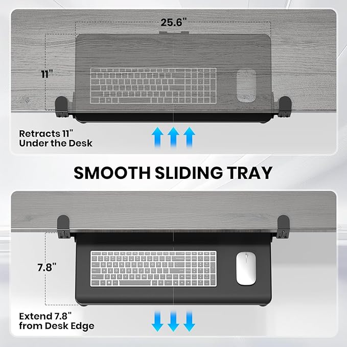 Keyboard Tray Under Desk, Pull Out Keyboard & Mouse Tray with Adjustable C-clamp, 25.6(31.5 Including Clamps) x 11.8 Inch Slide Out Computer Keyboard Drawer Mouse Tray for Typing, Black