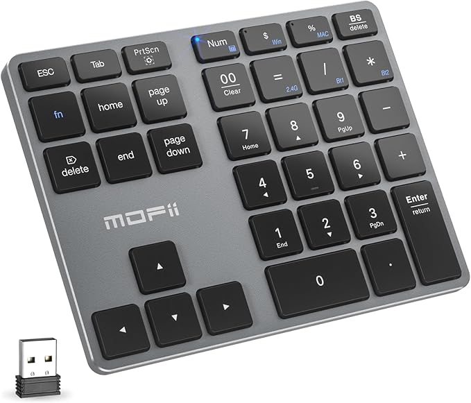 MOFII Bluetooth Number Pad for Laptop - Gray Wireless Numeric Keypad 35 Keys USB-C Rechargeable Numpad, Accounting Portable Financial Data 10 Key for Laptop/PC/Desktop/Notebook/Surface Pro