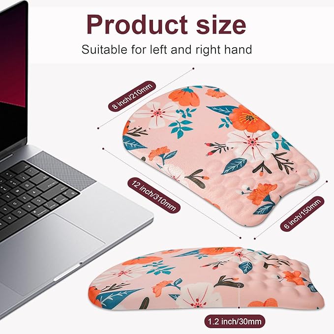 Ergonomic Wrist Mouse Pad with Massage Design, Wrist Rest Pain Relief Mousepad with Memory Foam Non-Slip PU Base, Mouse Pad with Wrist Support for Wireless Mouse & Desk, Y Pink Flowers