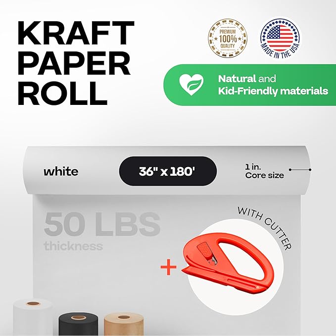 White Kraft Paper Roll 36" x 2160" (180 feet) with Cutter - USA-Made Quality Paper 50lb Thickness for Wrapping, Packing, Moving, Shipping, & Crafts/Arts - Natural Kraft Material by IDL Packaging