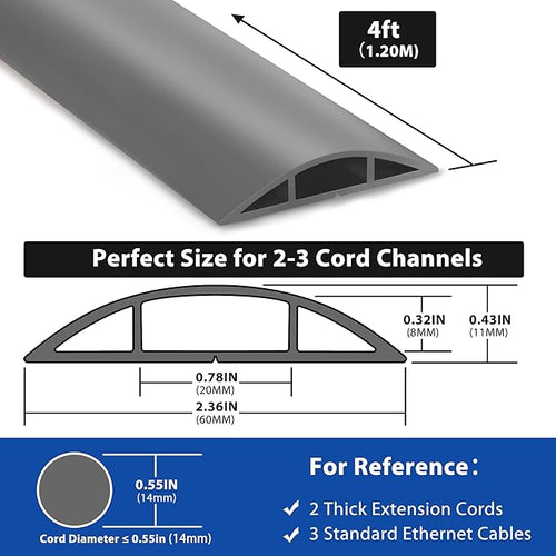 4ft Cord Cover for Wires on Floor, Grey Extension Cable Management, Hide Electrical Hider Protector, Cable Cavity: 0.78" W x 0.32" H