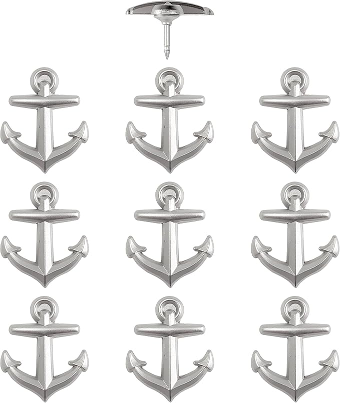 Anchor Push Pins - Silver Metal Anchor Pins - for Cork Board, Maps, or Lapel Pin Use - Designed in USA - Set of 10