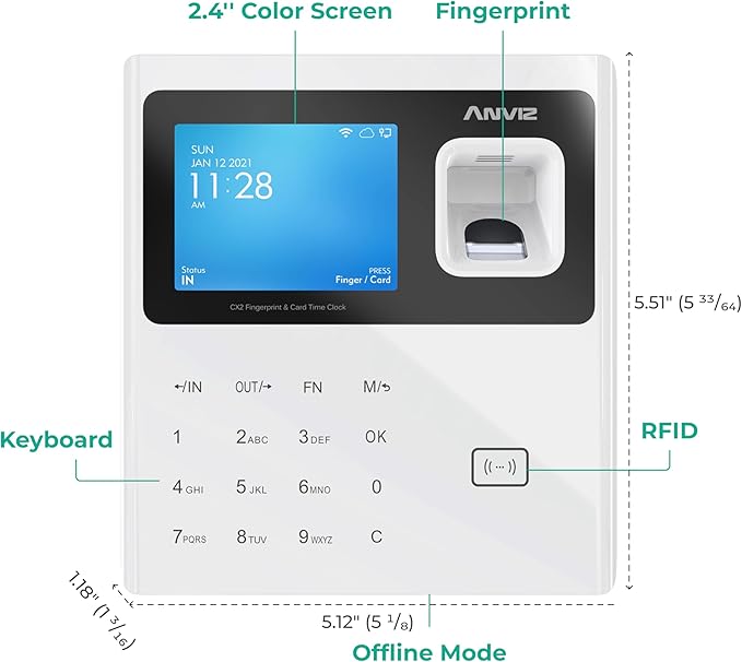 ANVIZ Time Clocks for Employees Small Business - Forever Free Cloud Software - CX2 Fingerprint Biometric Clock in and Out Attendance Machine, White