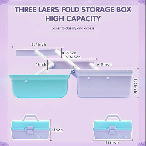 12in 3-Layer Plastic Craft Organizers and Storage, Portable Folding Tackle Box with Handle & Adjustable Dividers, Multipurpose Case for Sewing, Art Supplies, Medicine, Tools (Purple Blue)