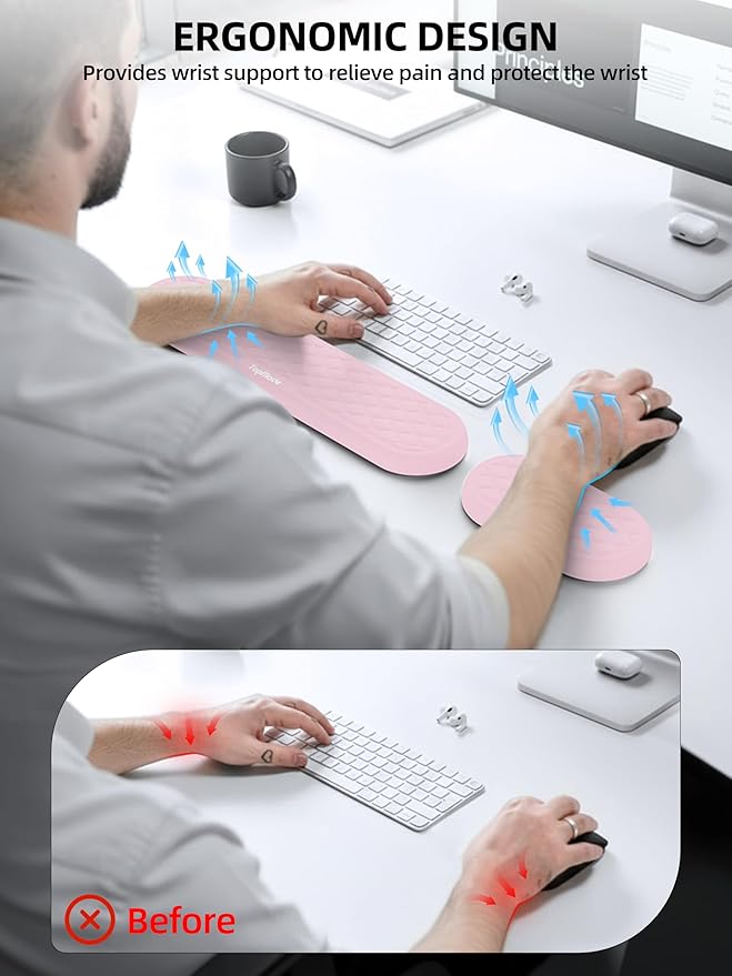 TopMade Upgraded Wider Wrist Rest Set, Soft Memory Foam Keyboard Hand Rest Pad, Computer Ergonomic Keyboard Mouse Wrist Support for Typing Pain Relief, Comfort for Office, Gaming, Study, Pink