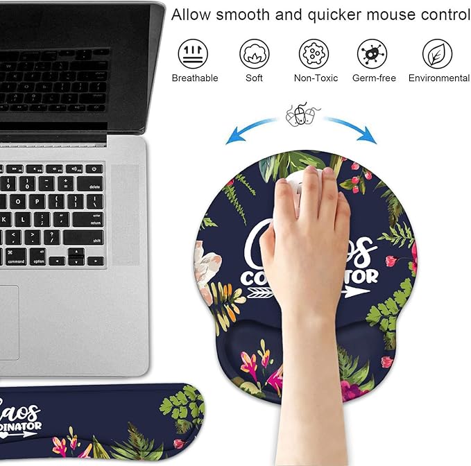 Keyboard Wrist Rest and Mouse Pad Wrist Support Set with Coasters, Chaos Coordinator Quotes Colored Floral Wreath Print Wrist Support Mouse Pad with Non-Slip PU Base for Computer Laptop Home Office