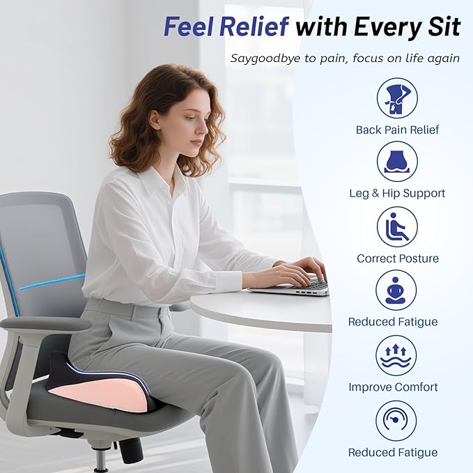 Ergonomic Seat Cushion for Office Chair, Extra Large Car Seat Cushion, Memory Foam Chair Cushion for Tailbone Pain Relief & Pressure Relief Sciatica and Back Support for Long Sitting (Pink)