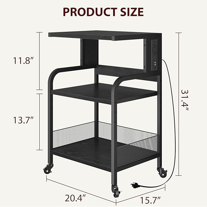 GarveeLife Printer Stand with Power Outlets, 3-Tier Rolling Printer Table with Lockable Wheels, Heavy Duty Printer Cart with Adjustable Shelves, Utility Storage Cart for Home, Office, Black