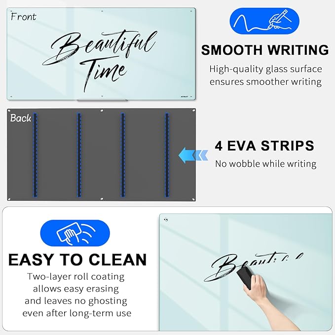 AFMAT Magnetic Glass Whiteboard, 96" x 48" Glass Dry Erase Board, 4mm Tempered Glass w/Strong Magnetic Surface, Large White Board for Wall, Frameless Wall Mounted White Board for Office Home School