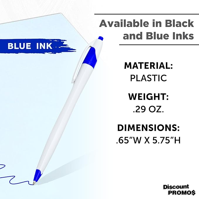 DISCOUNT PROMOS Slim Curvy Ballpoint Pens Set of 10, Bulk Pack - Blue Ink, Retractable, Great for Office, School, Tradeshows - Blue