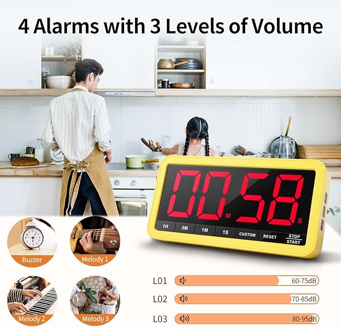 VOCOO Digital Kitchen Timer with 7.8” Extra Large Display, Magnetic, 3 Brightness, 4 Alarms and 3 Volume Levels, Battery Countdown Count Up Timer for Cooking, Classroom, Home Gym (Yellow)