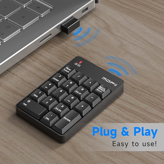 MOFII Wireless Number Pad - 2.4G Numeric Keypad Silent 19 Keys USB Keypads, Portable Financial Accounting Numpad 10 Key for Laptop/Notebook/Surface Pro/PC - Black