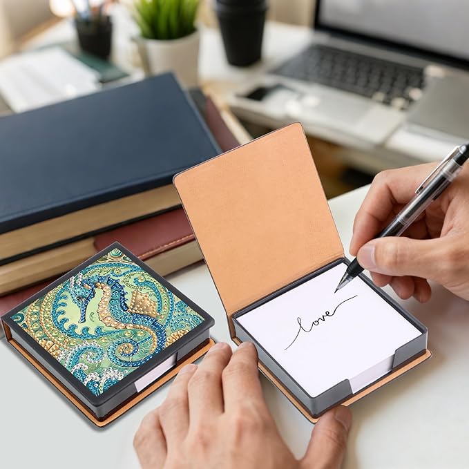 Seahorse Diamond Painting Kit Note Box,Memo Paper Storage Box Diamond Art,Sticky Note Holder Diamond Art,Diamond Painting Memo Pad For Office Desk. (Seahorse)