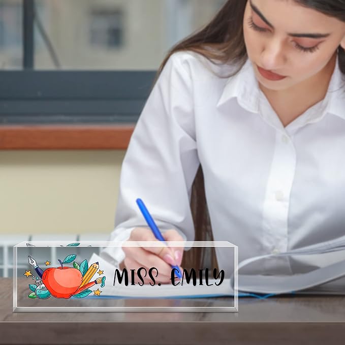 Personalized Desk Name Plate, Custom Acrylic Glass Name Plates for Desks, Office Desk Decor Nameplate, Desk Accessories, Teacher Boss Coworkers Employee Appreciation Gift(to Teacher)