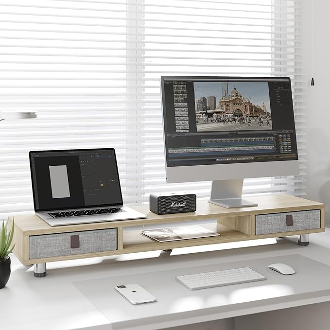 Fenge Monitor Stand, Dual Monitor Stand with 2 Drawers, Monitor Riser for 2 Monitors, Adjustable Height Computer Stand, Office Monitor Stands for Desk, Laptop, PC, TV, Printer