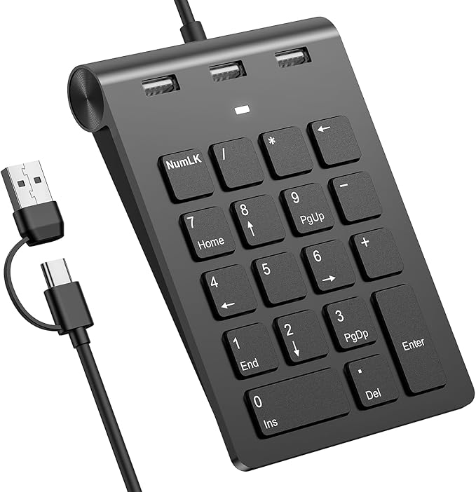 2-in-1 Number Pad & USB Hub with USB-C and USB-A Cables, 15° Ergonomic Wired Numpad with 3 USB 2.0 Ports , Number Keypad for Laptop/iPad/MacBook/PC/Windows/MacOS,No Adapter Needed USB Number Keypad