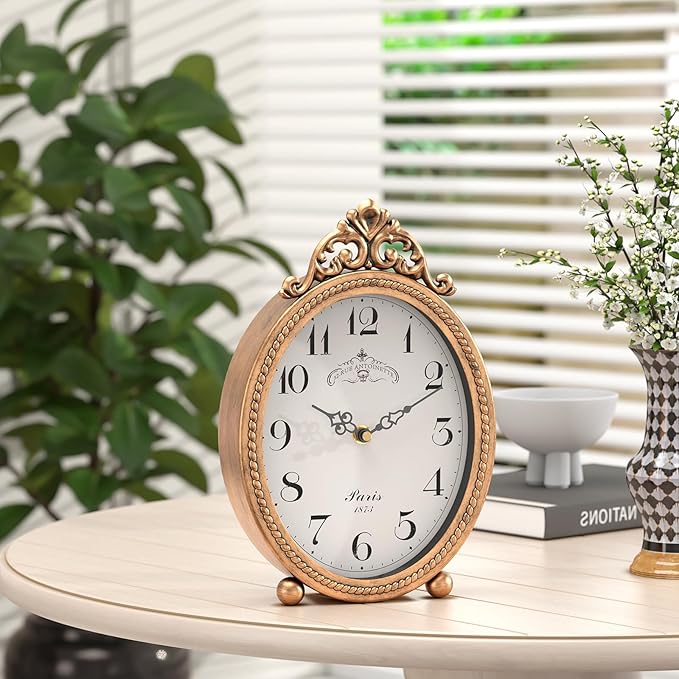 Abdurey Vintage Table Clock on Stand, Desk and Shelf Decorative Clock, French Rustic Style Antique Gold Mantel Clocks for Living Room,Farmhouse,Bedroom,Bedside,Gift Clocks