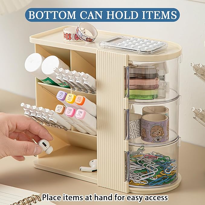 Desk Organizer with 3 Rotatable Drawer, Multi-Functional Pencil Pen Holder for Desk, Desk Organizers and Storage with 4 Slanted Compartments, Desktop Organizer for Office Home Supplies