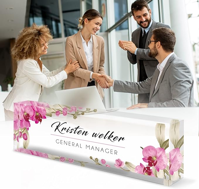 Desk Name Plate Personalized, Custom Name Plates for Desks, Office Desk Decor, Orchids Style Clear Acrylic Glass Block, Personalized Office Gifts for Women Men Boss Teachers Coworker Appreciation Gift