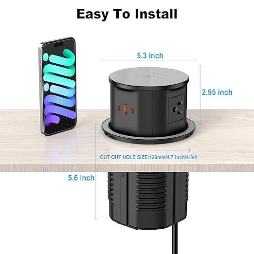 Pop Up Countertop Outlet with 15W Wireless Charger, PD 20W USB-C Ports & 4 AC Outlets, 800J Surge Protection, 4.75 inch Pop Up Receptacle, 6Ft Cord for Home Office(ETL & FCC Listed)