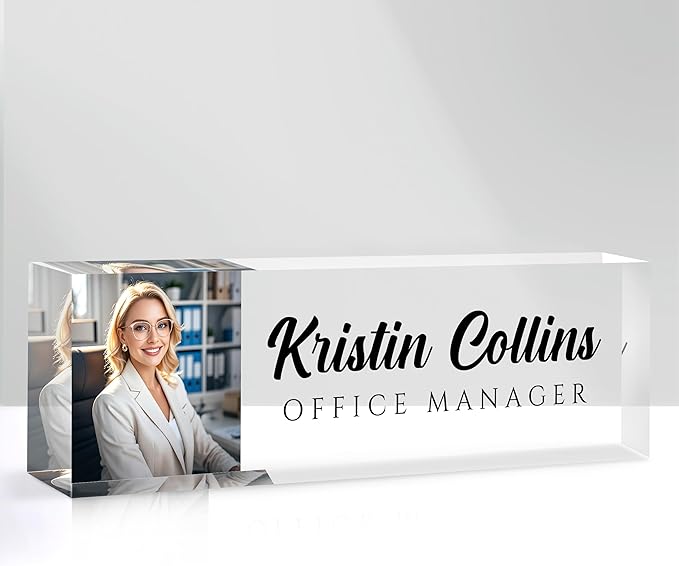 Custom Name Plate for Desk, Personalized Desk Name Plate on Clear Acrylic Glass, Appreciation Gifts for Teacher Employee Boss Coworkers Nurse, Office Desk Accessories for Women Men (Picture)