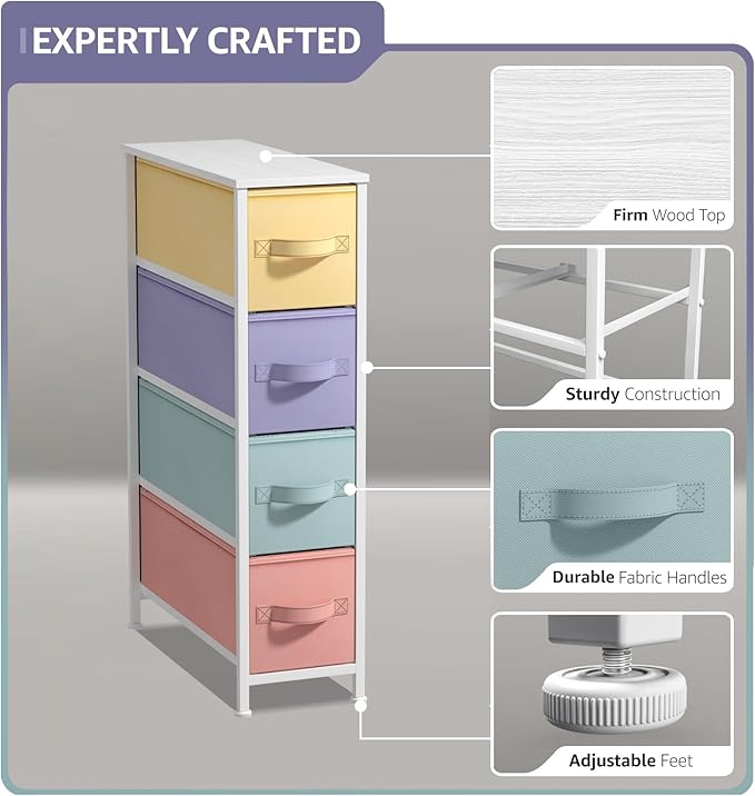 Sorbus Kids Narrow Dresser with 4 Drawers - Vertical Slim Storage Chest of Drawers with Steel Frame, Wood Top & Easy Pull Fabric Bins for Small Spaces, Closets, Bedroom, Bathroom & Laundry