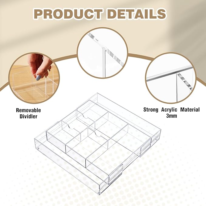 1 Pcs Acrylic Desk Drawer Organizer 2 Inch Height Expandable Drawer Organizer Trays with Adjustable Compartments Desk Accessories for Makeup Silverware Office Bathroom(Clear, Classic)