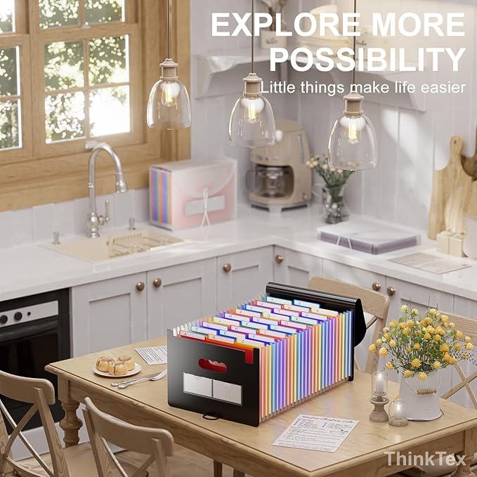 ThinkTex 26 Pockets File Folder, A4 Accordion File Organizer, Letter Size Expandable File Folders, Accordion Folder Paper Coupon Bill Receipt Organizer with 3 A-Z Alphabet Colored Tabs