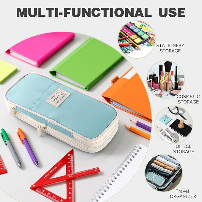 Large Capacity Pencil Case with Zipper, Aesthetic Pencil Pouch, Portable Stationery Organizer Bag for Teen and Adults, Big Pencil Bag for College, Office, Travel - Blue