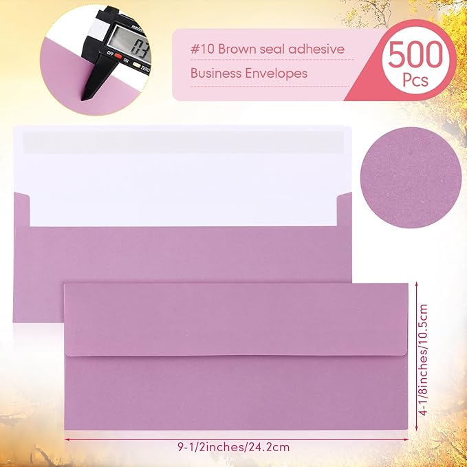 Jutom 500 Pcs Kraft Envelopes Letter Size Bulk #10 Business Strong Sealed 4-1/8 x 9-1/2 in Flap Office Printable Mailing Envelopes Windowless Invisible (Pink Purple)