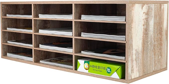 PAG Mail Sorter Wood Countertop Literature Organizer, Student Mailbox for Classroom, Desktop Bill Paper Holder Rack for Office Home School, 12 Compartments, Retro White