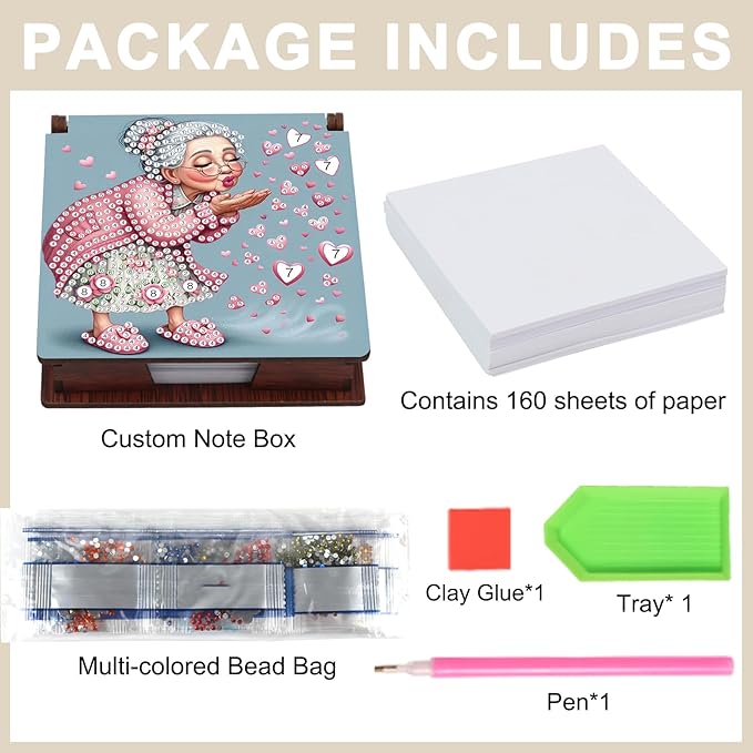 Wooden DIY Cute Old Lady Diamond Art Notecard Box – DIY Gem Art Sticky Note Holder for Adults 160 Sheets Memo Pad Storage