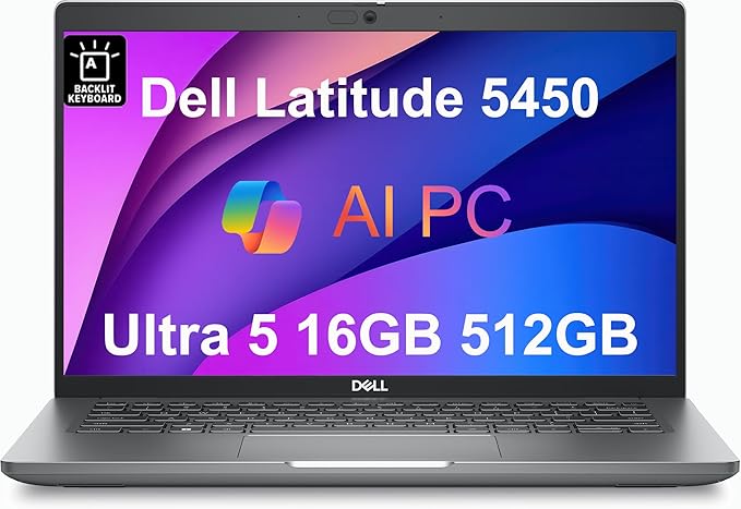 Dell Latitude 5450 5000 Business AI PC Laptop (14" FHD, Intel 12-Core Ultra 5 135U (> i7-1355U), 16GB DDR5 RAM, 512GB SSD), 2x Thunderbolt 4, 1080p RGB HDR Webcam, Backlit, Ethernet, Win 11 Pro