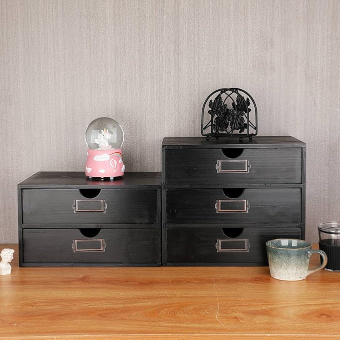 Wooden Storage Box Rustic Desktop Organizer with 3 Drawers Office Desk Accessories Shelf Large Craft Storage Containers Apothecary Cabinet and Chest Jewelry Holder for women(BLACK)