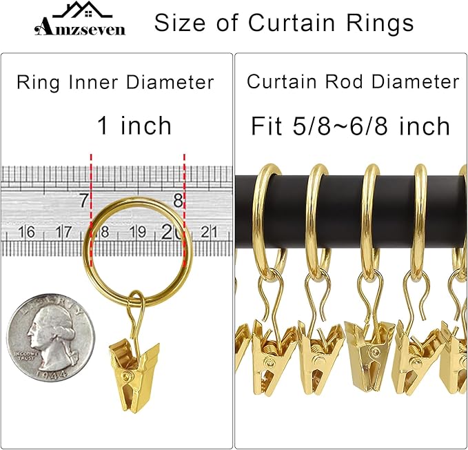 AMZSEVEN 44 Pack Metal Curtain Rings with Clips, Drapery Clips with Rings, Drapes Rings 1 inch Inner Diameter, Fits Diameter 5/8 inch Curtain Rods, Gold