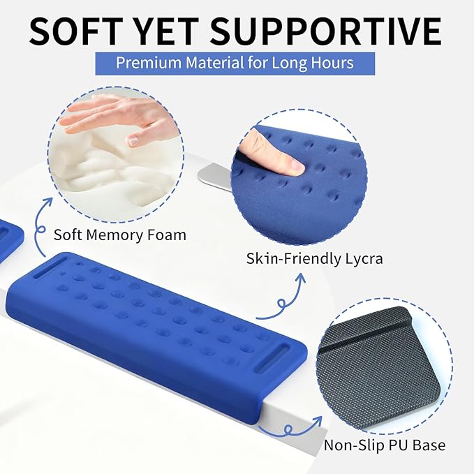 L-Shaped Desk Edge Cushion & Mouse Pad with Wrist Rest, 3-Piece Ergonomic Keyboard Wrist Support Set, Non-Slip Suction Cups, Massage Dot Design for Airflow, Dark Blue for Office and Gaming