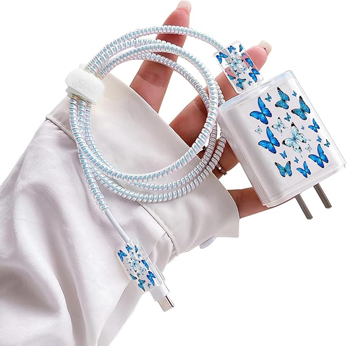 Cute Protectors Cable Protector for iPhone Charger Case Cover Pretty Elegant Blue Butterflies Pattern Unique Design Data Cable Phone Charger Data Line Wire Saver for iPhone 14 13 12 11 Pro