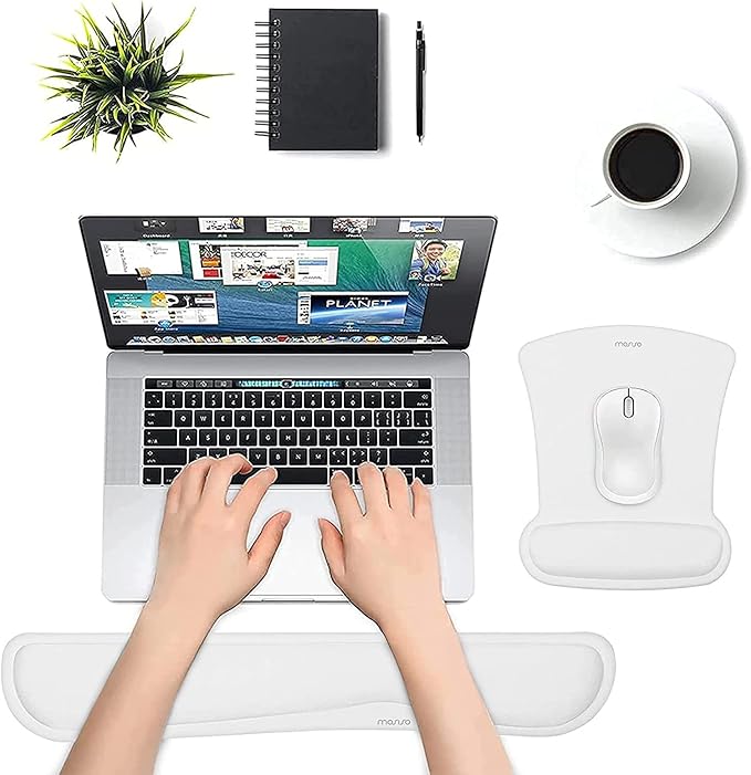 MOSISO Wrist Rest Support for Mouse Pad & Keyboard Set, Ergonomic Mousepad Non-Slip Base Home/Office Pain Relief & Easy Typing Cushion with Neoprene Cloth & Raised Memory Foam, White