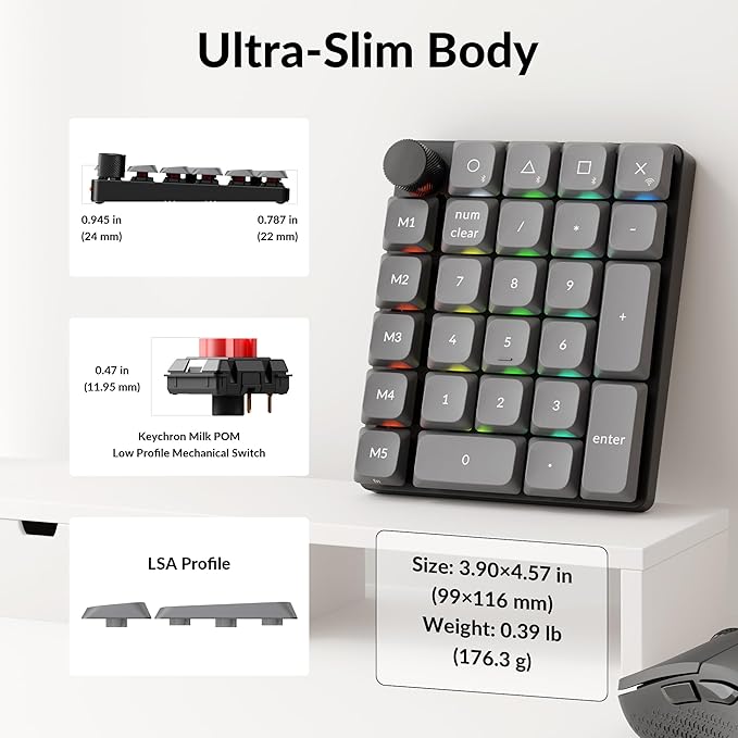 Keychron K0 Max Wireless Low-Profile Number Pad, QMK/VIA Programmable, Hot-Swappable Red Switch, RGB Backlit, 2.4GHz & Bluetooth 5.3, 1000Hz Polling Rate, with Knob, for Windows/Mac