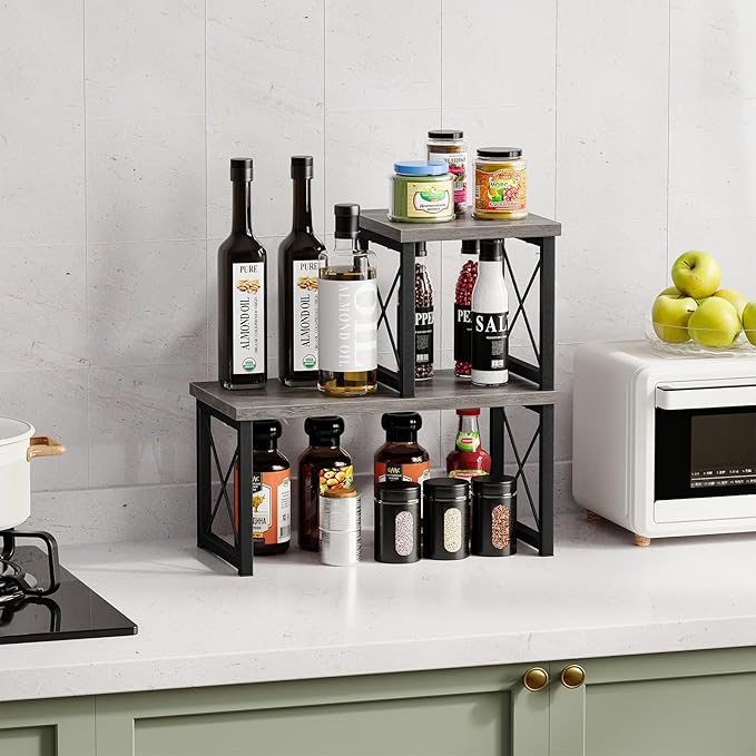 Honiter Desk Shelf for Top of Desk, Wood Desktop Shelf, 2 Tier Adjustable Bookshelf Organizer, Freestanding Stackable Desk Stand Storage Organizers Kitchen Counter Display Rack