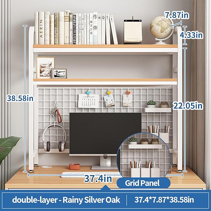 Desk Shelf Bookcase 2-Tier Metal Desktop Bookshelf Hutch with Grid Panel and DIY design possible Multipurpose Storage Organizer Display Rack for Dorm Office Home Computer Desk(White 37.4"×7.9"×38.6")