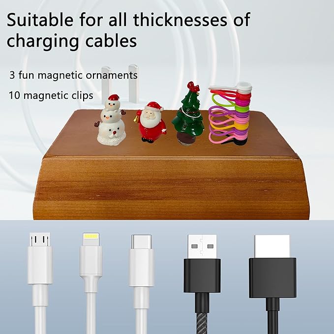 Magnetic Cord Holder Solid Wood Bigger Cable Organizer with 10pcs Magnet Clips for Charger Management on Desktop, Nightstand, or Side Table (Walnut)